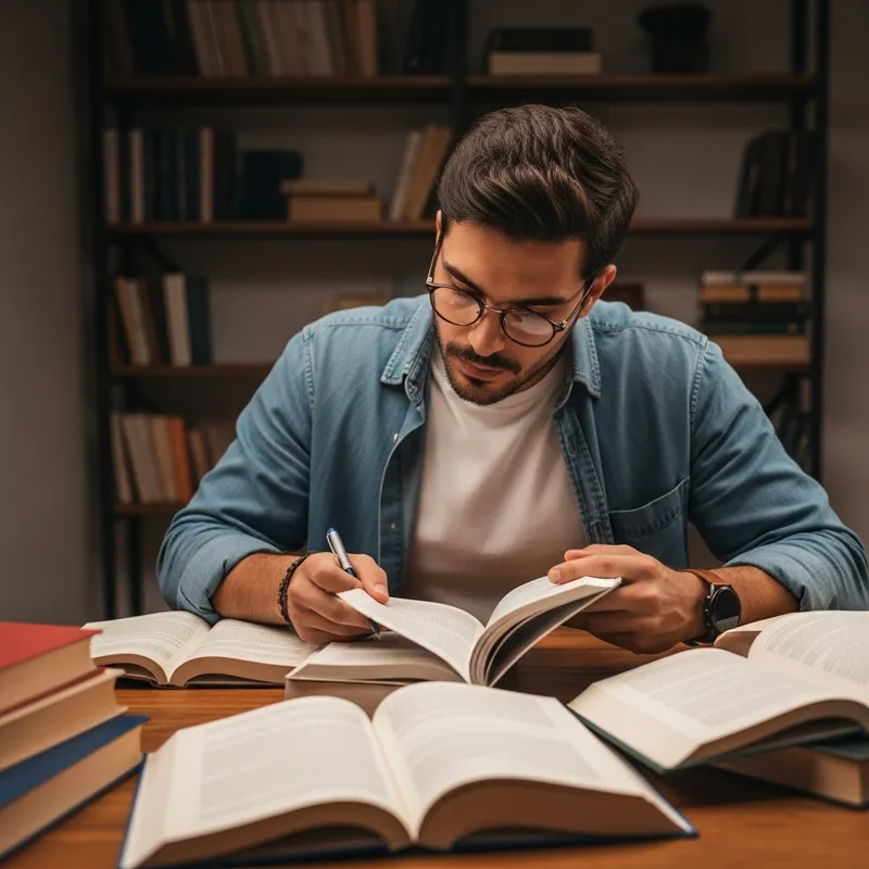 Focused Hispanic Man Studying at Desk Surrounded by Books
