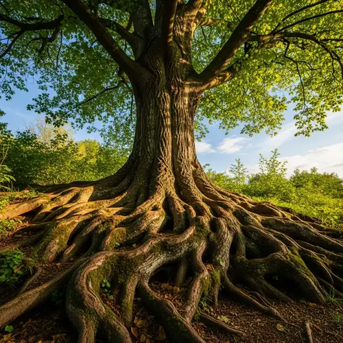 Colossal Tree with Spreading Roots in Verdant Soil
