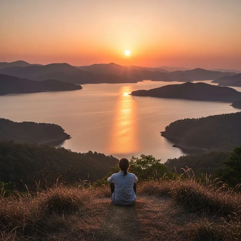 Tranquil Morning Scene: Figure on Hill at Sunrise Reflected in Water