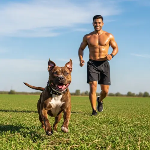 Charming Pitbull and Muscular Man Enjoying Playtime in Field