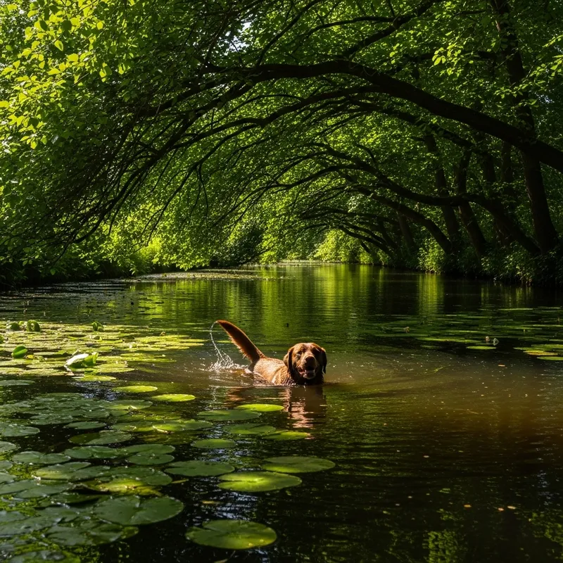 Brown Labrador Swimming in Serene Lily Pad Canal Scene Brown Labrador Swimming in Serene Lily Pad Canal Scene