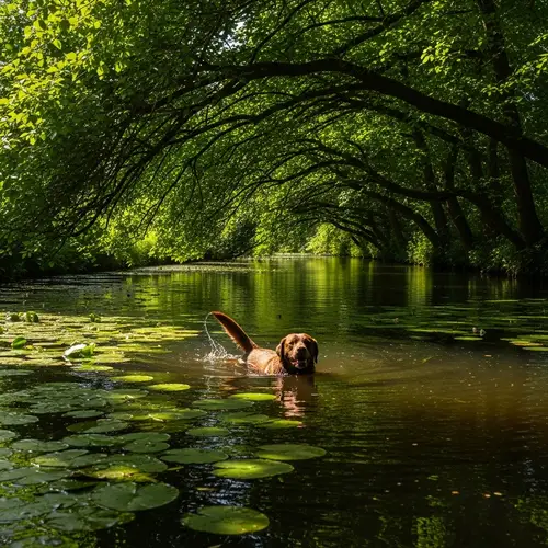 Brown Labrador Swimming in Lily Pad-Filled Canal