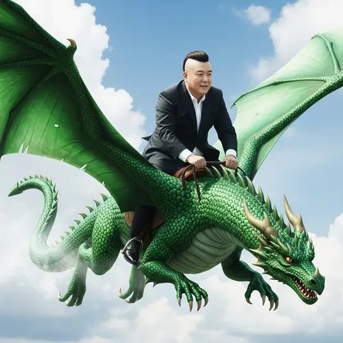 East Asian Public Figure Riding Giant Dragon in Spectacular Airborne Journey