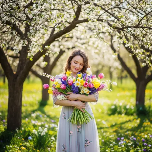 Caucasian Woman Holding Spring Flowers in Blooming Garden