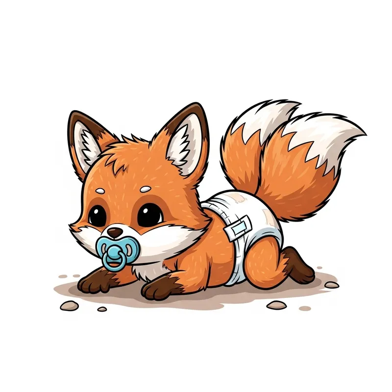 Newly Born Fox with 2 Tails in Diapers Using Pacifier Crawling Cartoon