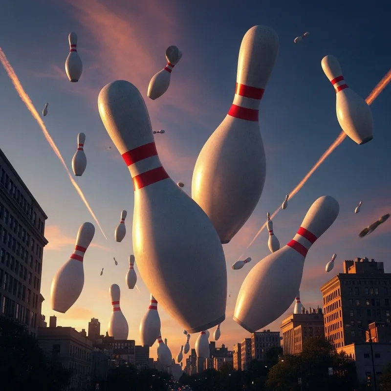Surreal Giant Bowling Pins Falling from the Sky