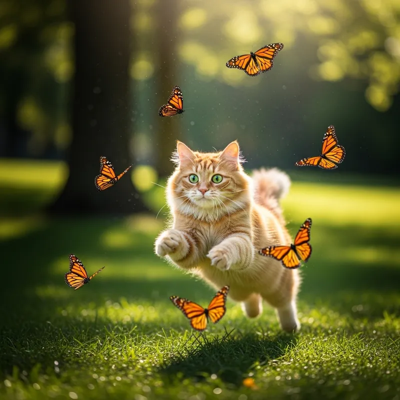 Agile Cat Chasing Butterflies in Vibrant Park Setting Agile Cat Chasing Butterflies in Vibrant Park Setting