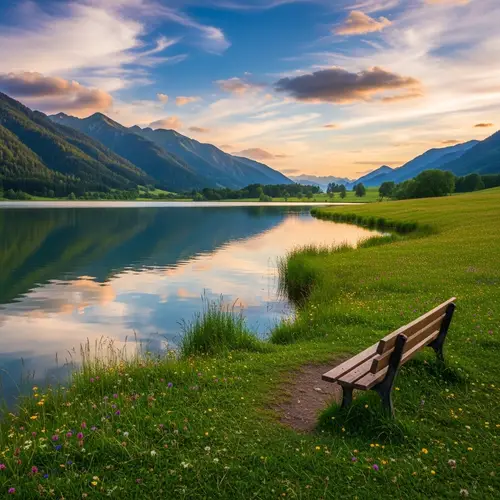 Tranquil Lake Landscape with Verdant Mountains and Meadow