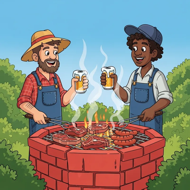 Cartoon Hillbillies Grilling Steaks and Sausages Outdoors