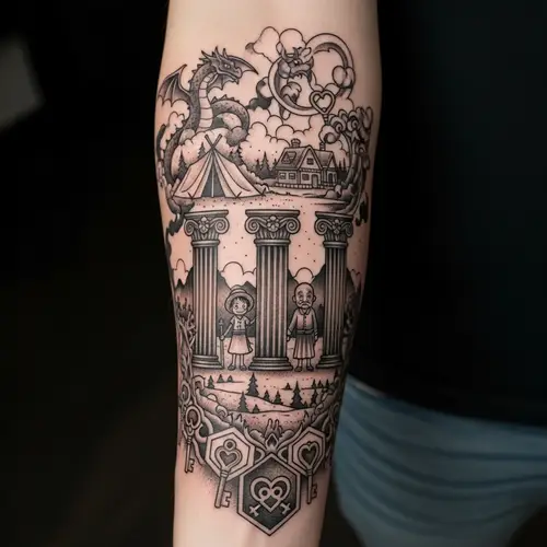 Family-Centric Forearm Tattoo with Campsite and Game Details