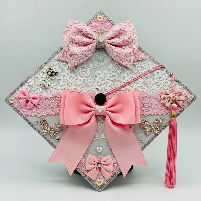 Girly Graduation Cap Decorated with Elegant Bow and Pastel Colors