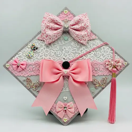 Feminine Graduation Cap Decorated with Elegant Bow and Pastel Colors