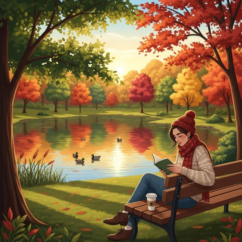Artistic Autumn Illustration: Tranquil Park with User in Casual Autumn Setting