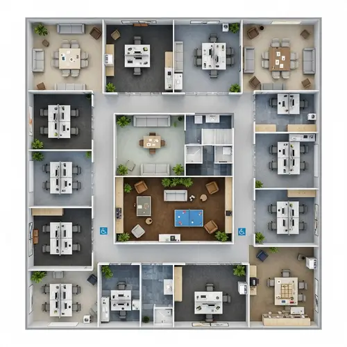 Open Floor Plan Office Design with Meeting Rooms, Quiet Zones, and Recreational Lounge