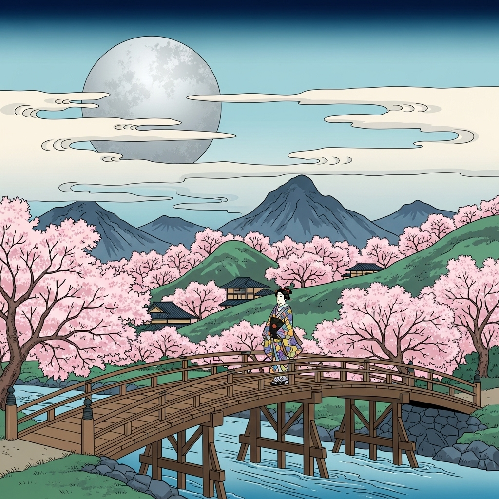 Japanese Ukiyo-e: Moonlit Landscape with Cherry Blossom