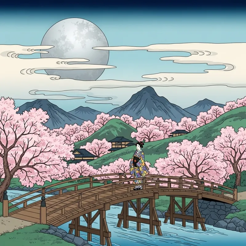 Japanese Ukiyo-e: Moonlit Landscape with Cherry Blossom Trees