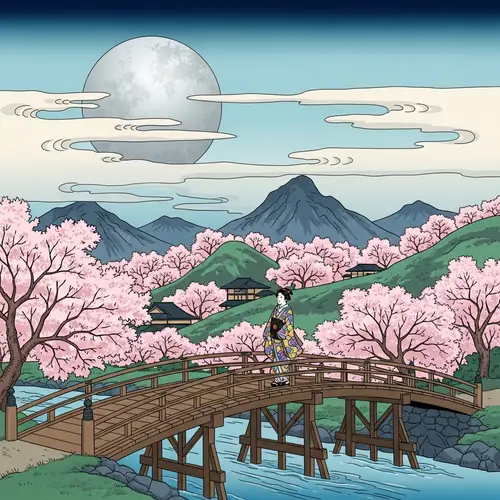 Japanese Ukiyo-e Art: Moonlit Landscape with Cherry Blossom Trees