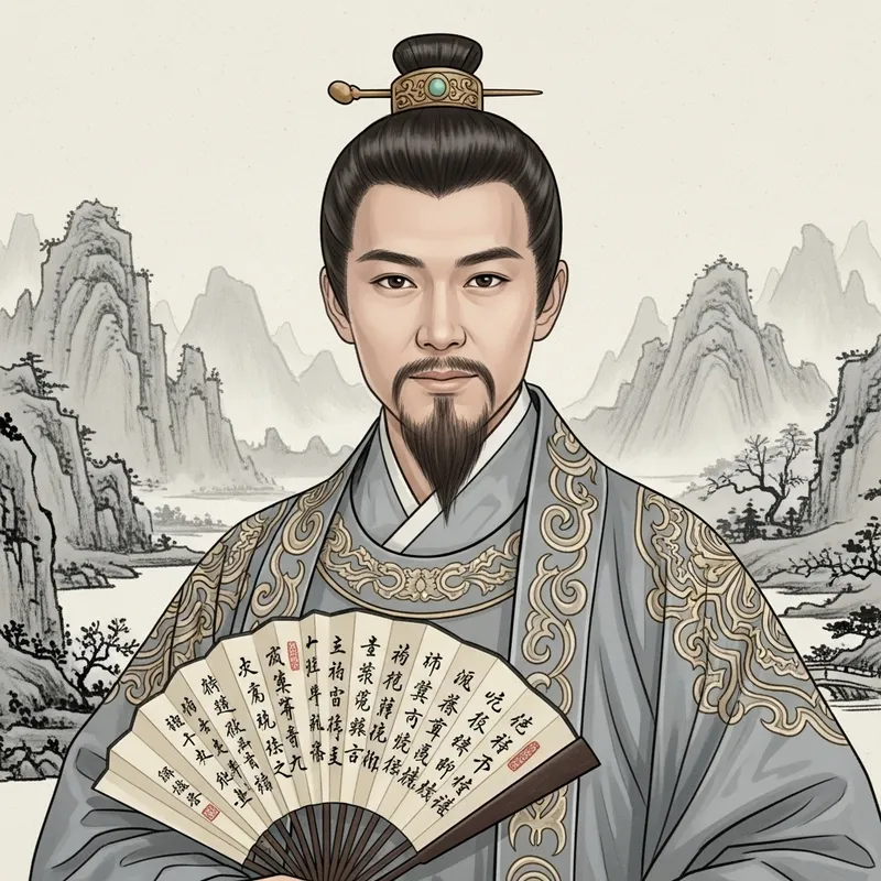 Ancient Chinese Man in Traditional Attire with Fan