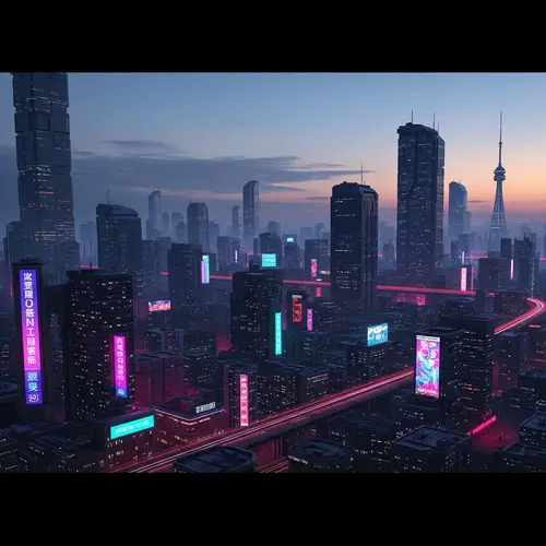 Futuristic Neon Cityscape at Dusk - Cyberpunk Digital Art