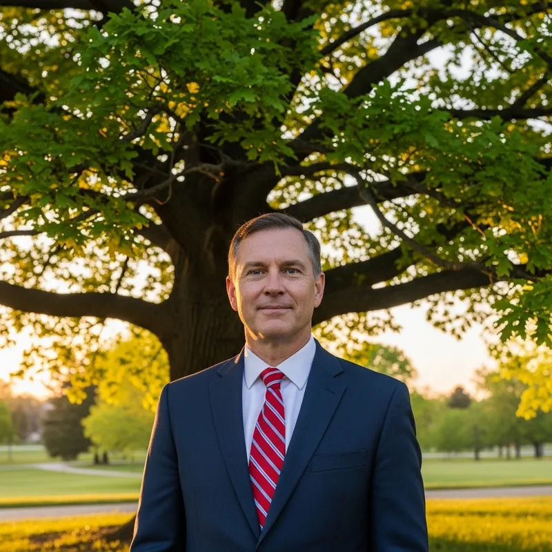 Middle-Aged Man in Navy Blue Suit Standing Under Oak Tree Middle-Aged Man in Navy Blue Suit Standing Under Oak Tree