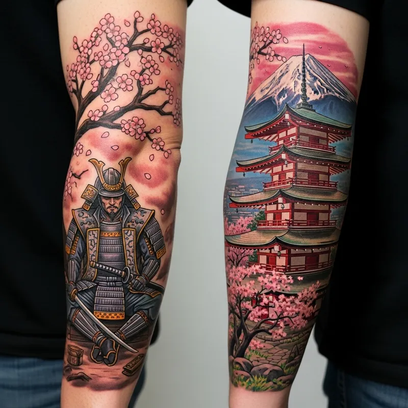 Detailed Samurai Tattoo Design with Cherry Blossom Tree and Temple