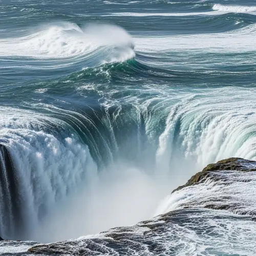 Oceanic Waves Meet Cascading Waterfall - Raw Power of Nature