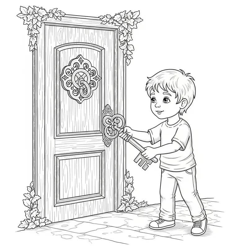 Child Unlocking Imaginary Door Coloring Page | Key Adventures