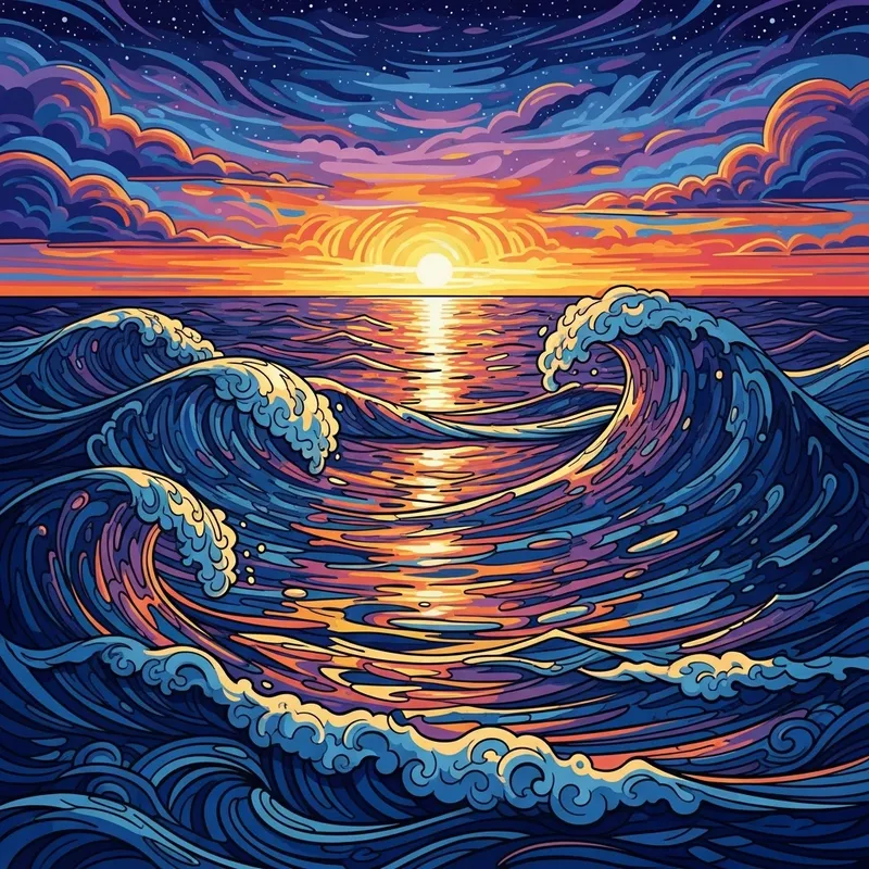 Abstract Ocean Waves: A Colorful Twilight Escape