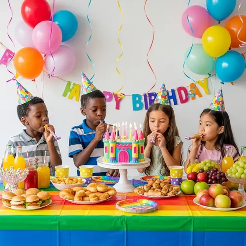 Colorful Children's Birthday Party with Castle Cake and Balloons