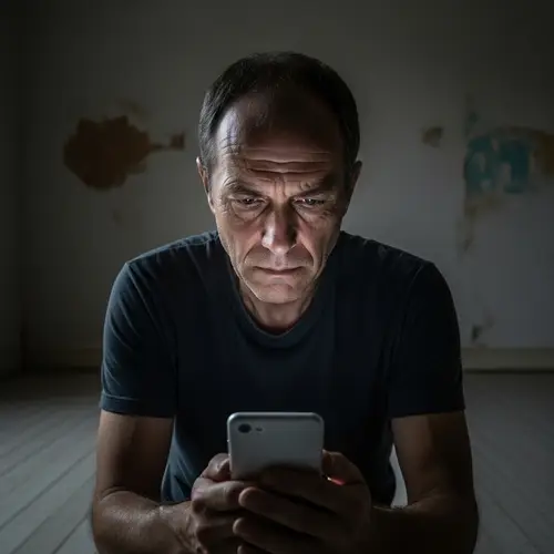 Middle-Aged Man in Empty Room Engrossed in Smartphone
