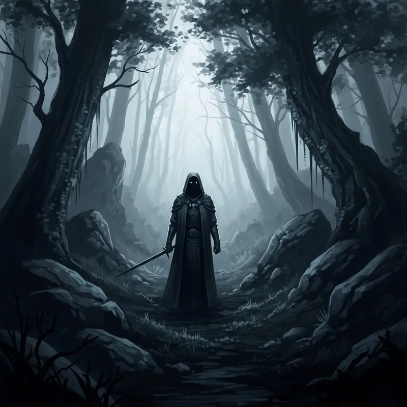 Mysterious Figure in a Foggy Forest - Gothic Fantasy Art