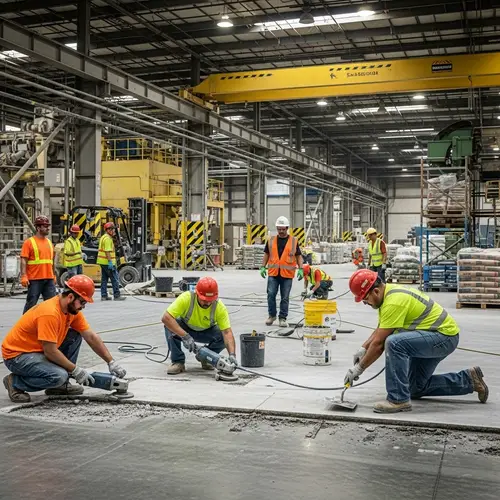Industrial Floor Repair Process: Workers Fixing Cracks & Damages