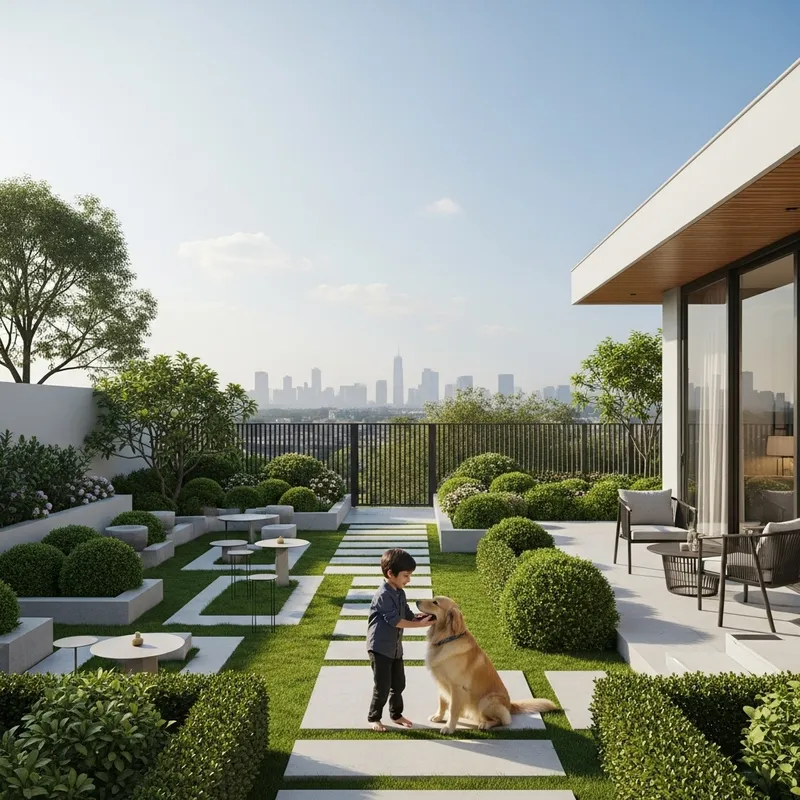 Serene Moment with South Asian Boy and Golden Retriever in Modern Garden Serene Moment with South Asian Boy and Golden Retriever in Modern Garden