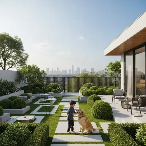 Young Boy and Golden Retriever in Contemporary Styled Garden