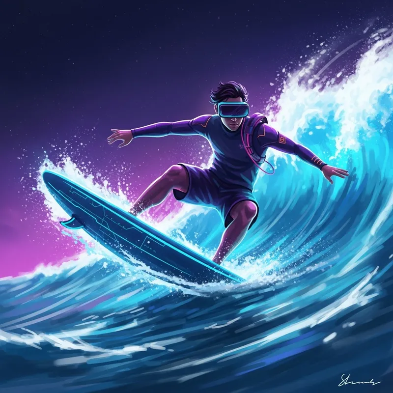 Hispanic Futuristic Surfer in Metaverse | Cyberpunk Art
