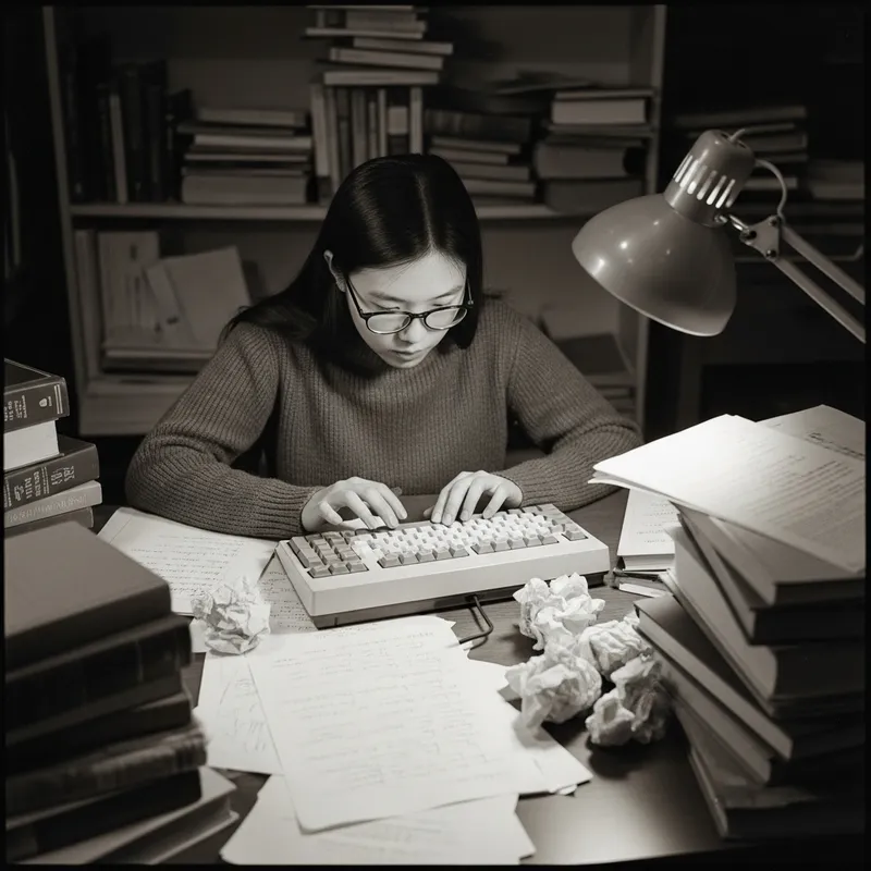 Young Woman Writing in Academic Setting: Nostalgic Vintage Scene