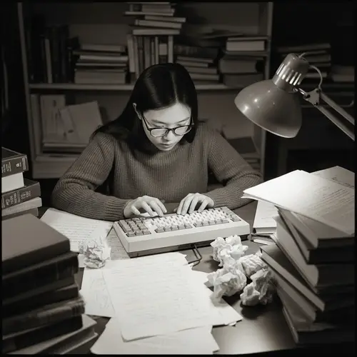 Vintage Scene: Asian Woman Writing Literary Masterpiece