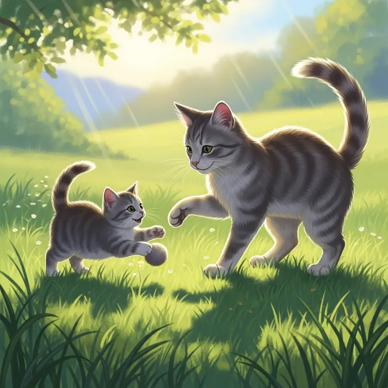 Playful Kitten & Mother: Joyful Game in Sunlit Grassland