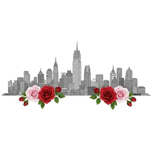 Urban Cityscape Silhouette with Roses in Color Code #3f4f58, #DACFB7, #7f8d8b