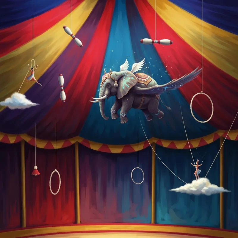 Vibrant Circus Dreamscape: Flying Elephant in Fantasy Tent
