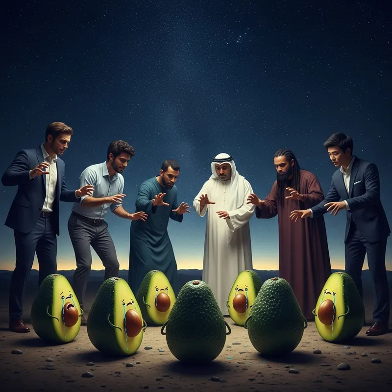 Six Diverse Men Cursing Realistic Avocados at Night Six Diverse Men Cursing Realistic Avocados at Night