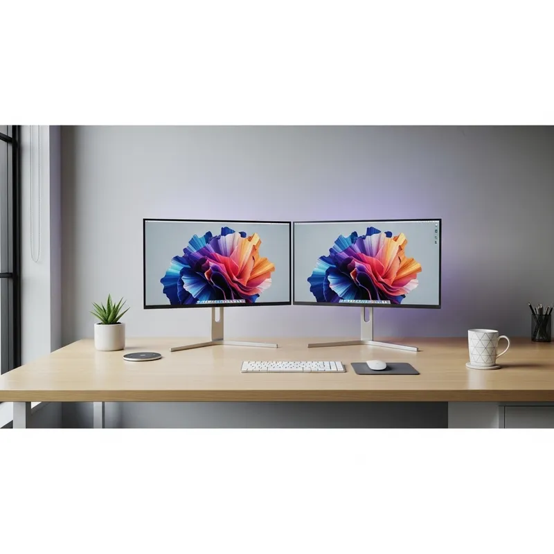 Sleek Modern Office Desk with High-Resolution Monitors Sleek Modern Office Desk with High-Resolution Monitors