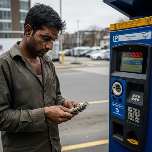 Exhausted South Asian Male Pays for Parking Effortfully