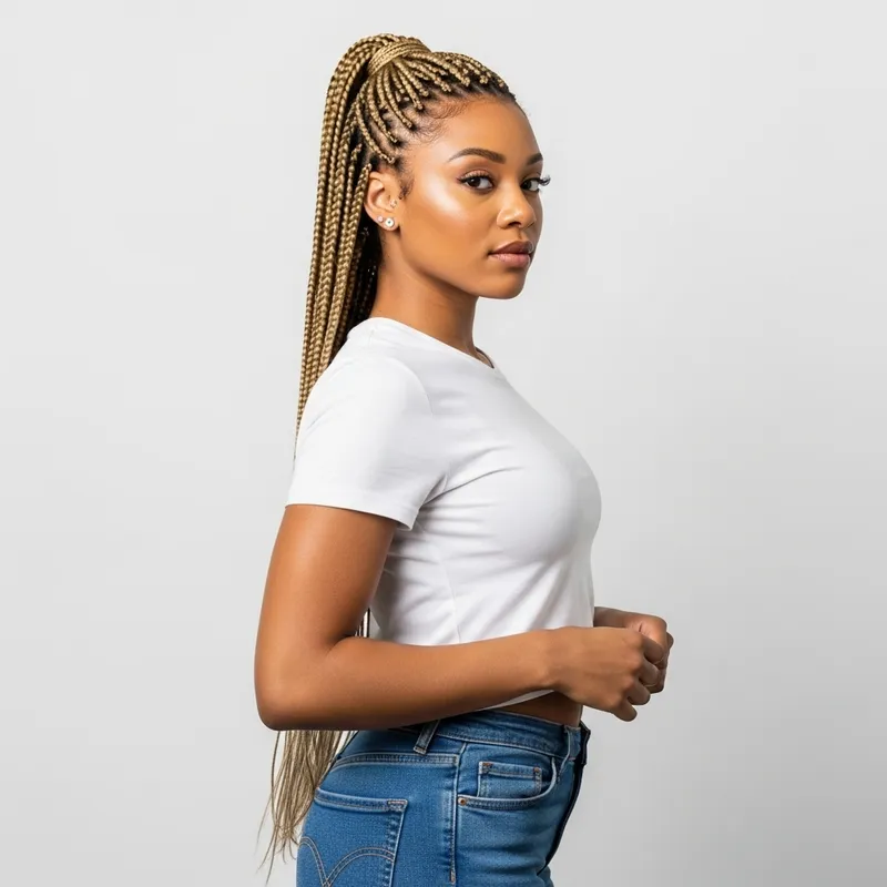 Stylish African American Woman with Box Braids and Diamond Stud Earrings