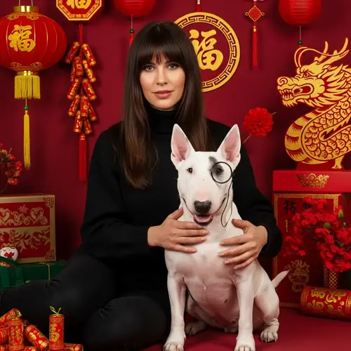 Caucasian Woman with Brunette Hair and White Bull Terrier in Year of the Dragon Scene