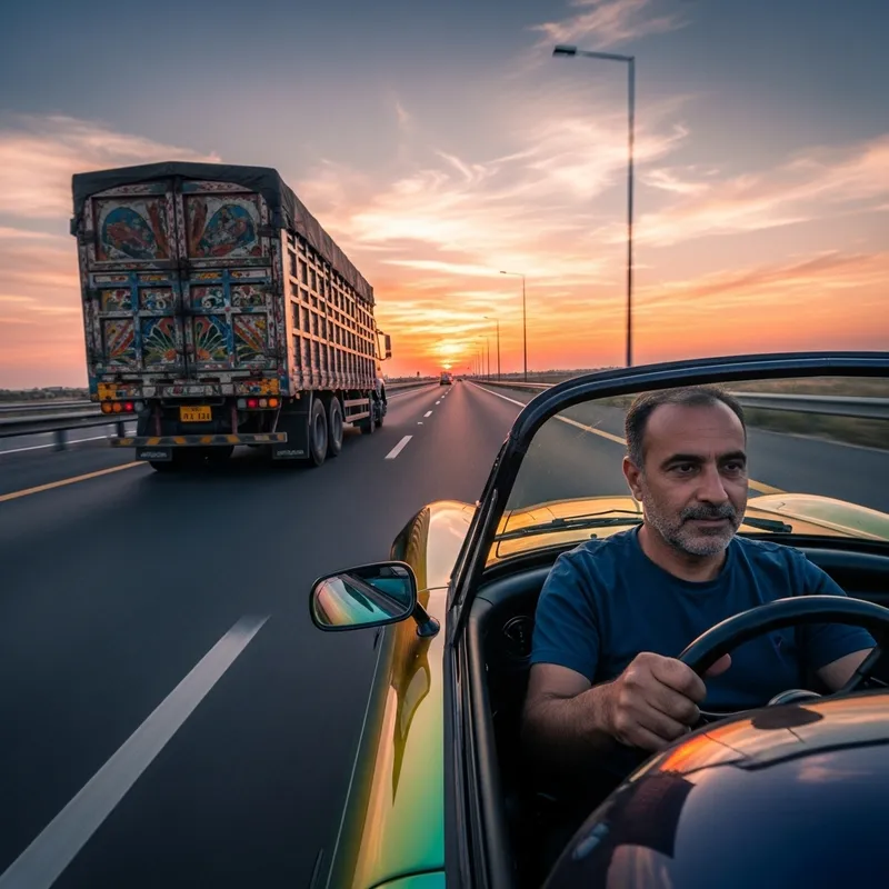 Man Speeding on Highway in Sports Car Man Speeding on Highway in Sports Car
