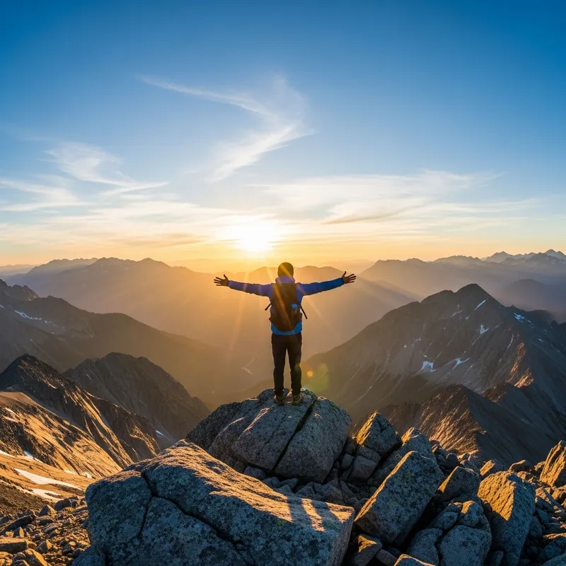 Achievement and Freedom: Figure Atop Mountain at Glorious Sunrise Achievement and Freedom: Figure Atop Mountain at Glorious Sunrise