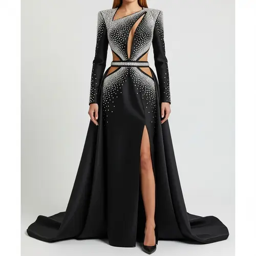 Luxurious Black Gown with Glittering Crystals | Premium Quality Dress