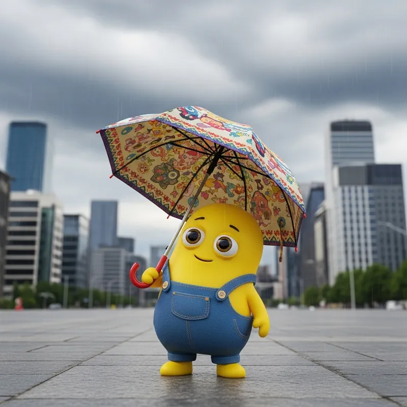 Cheerful Minion with Colorful Umbrella in Cityscape