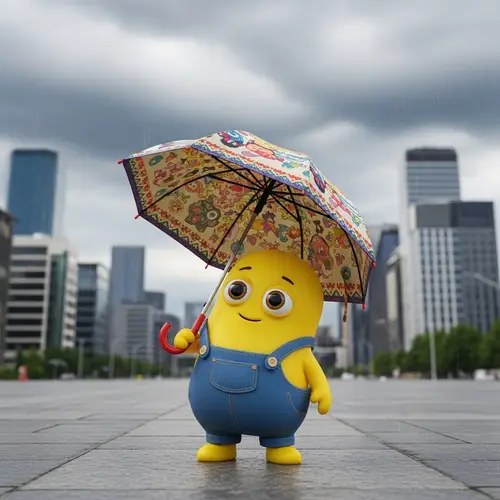 Cheerful Yellow Minion with Beautiful Umbrella in Cityscape
